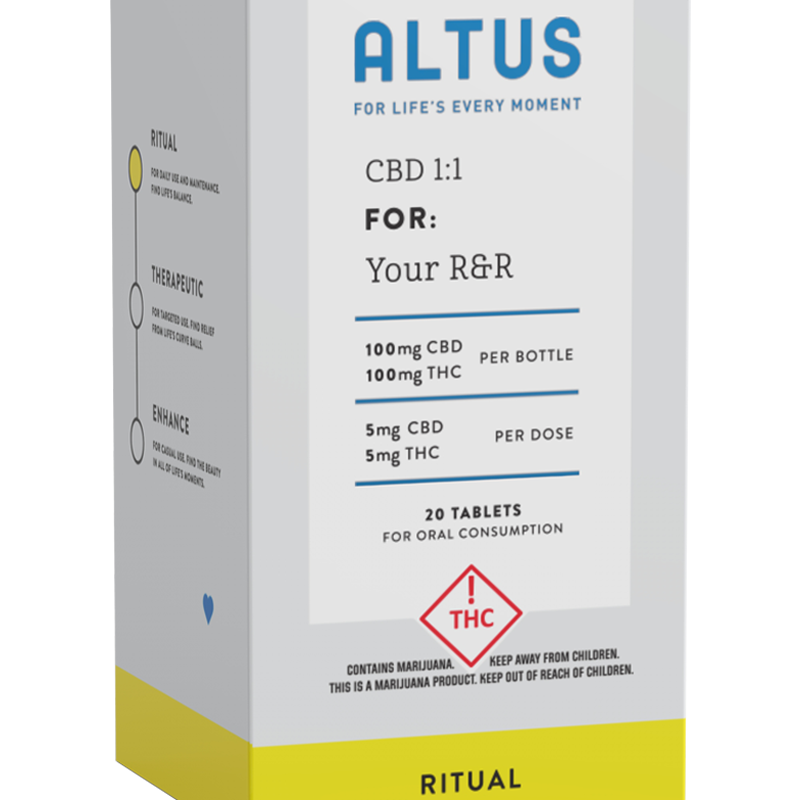 Altus 1:1 cannabis tablets in white and yellow box