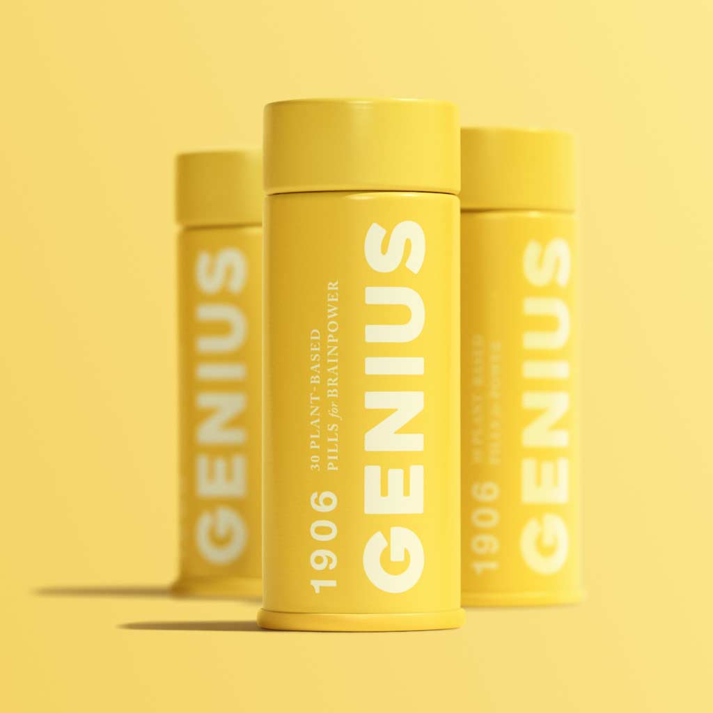 1906 Genius drops containing cannabis, caffeine and more in a yellow container