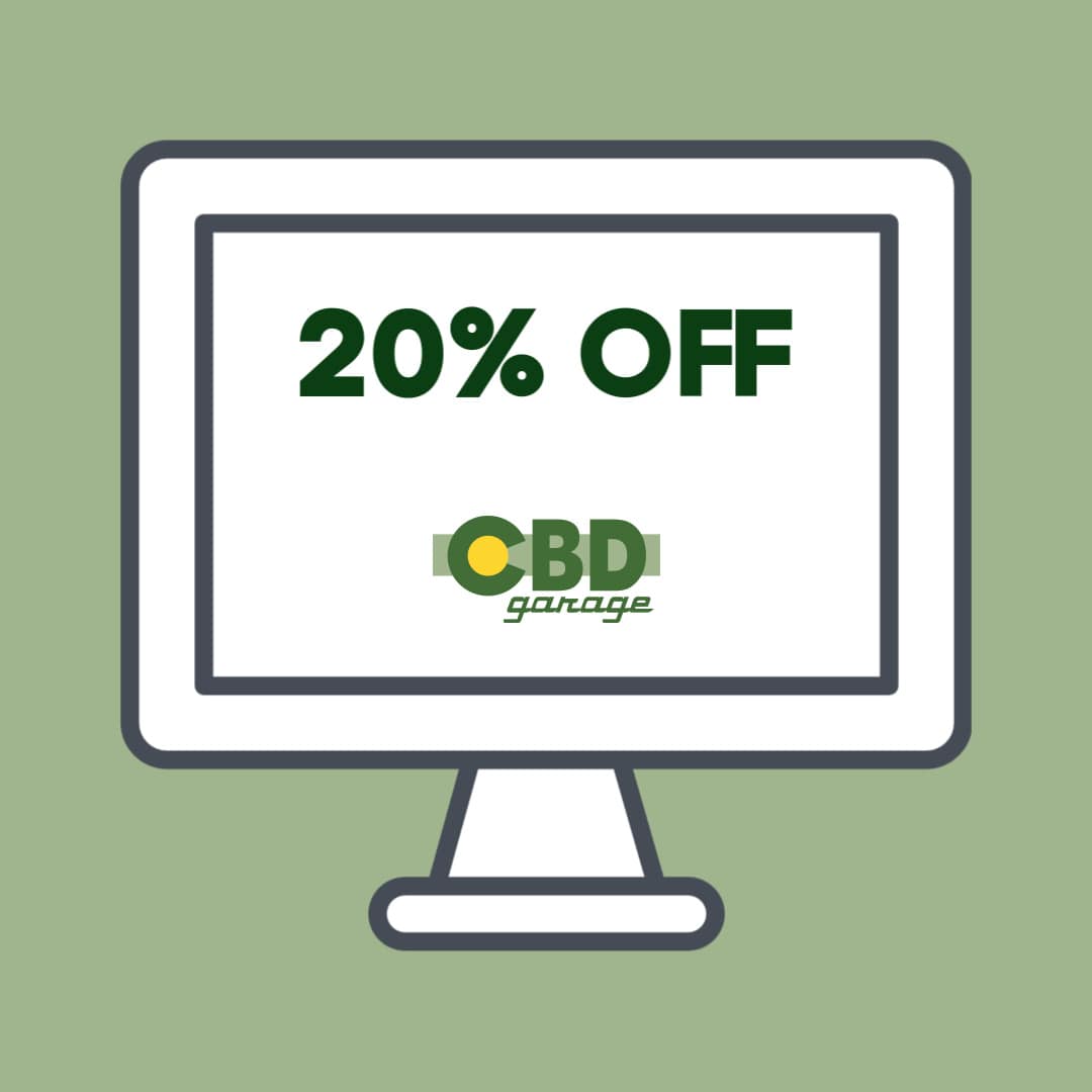 Graphic showing computer screen with words “25% Off” and CBD Garage logo. Discount available through CBD Garage Buyers Club.