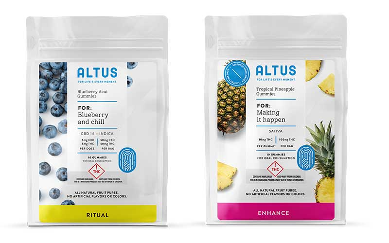 Altus 1:1 Blueberry Acai indica-based gummies with 5 mg CBD, 5 mg THC, and Pineapple sativa-based gummies with 10 mg THC.