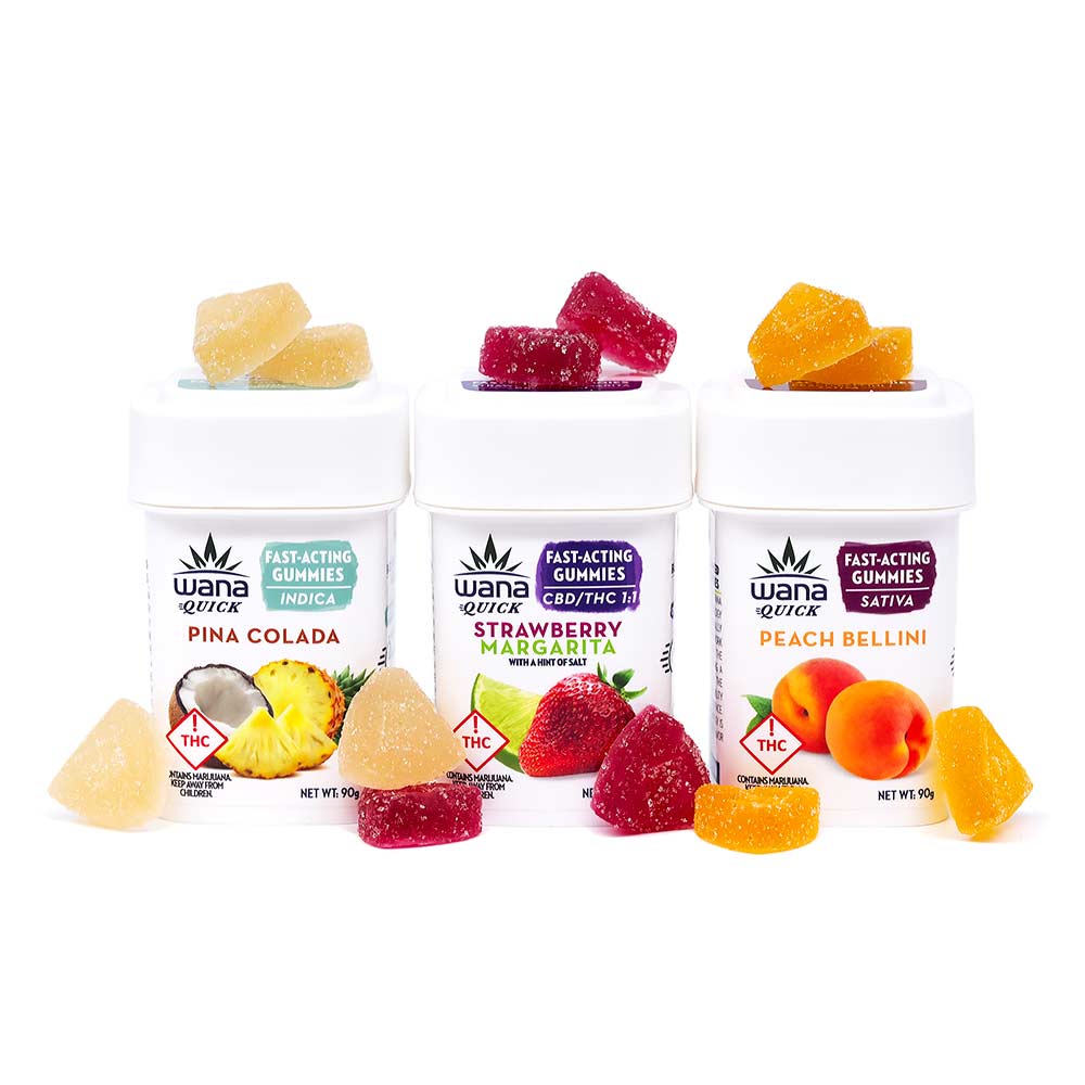 Wana Quick Fast-Acting Gummie candies and product containers shown. The containers include photos of fresh fruits and a label indicating THC.