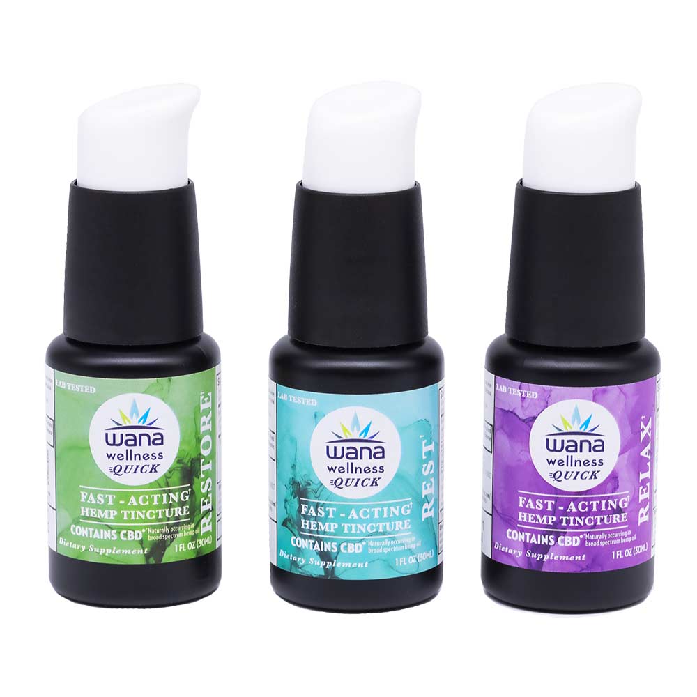 Wana Wellness Fast-Acting CBD Hemp Tincture product bottles with green RESTORE label, blue REST label, and purple RELAX label.