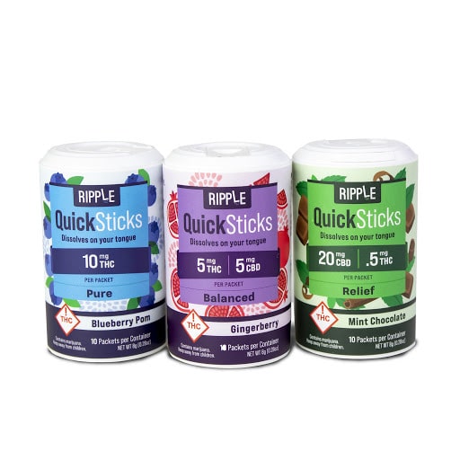 Ripple QuickSticks: Blueberry Pom flavored Pure; Gingerberry flavored Balanced 1:1 ratio; and Mint Chocolate flavored high-CBD Relief