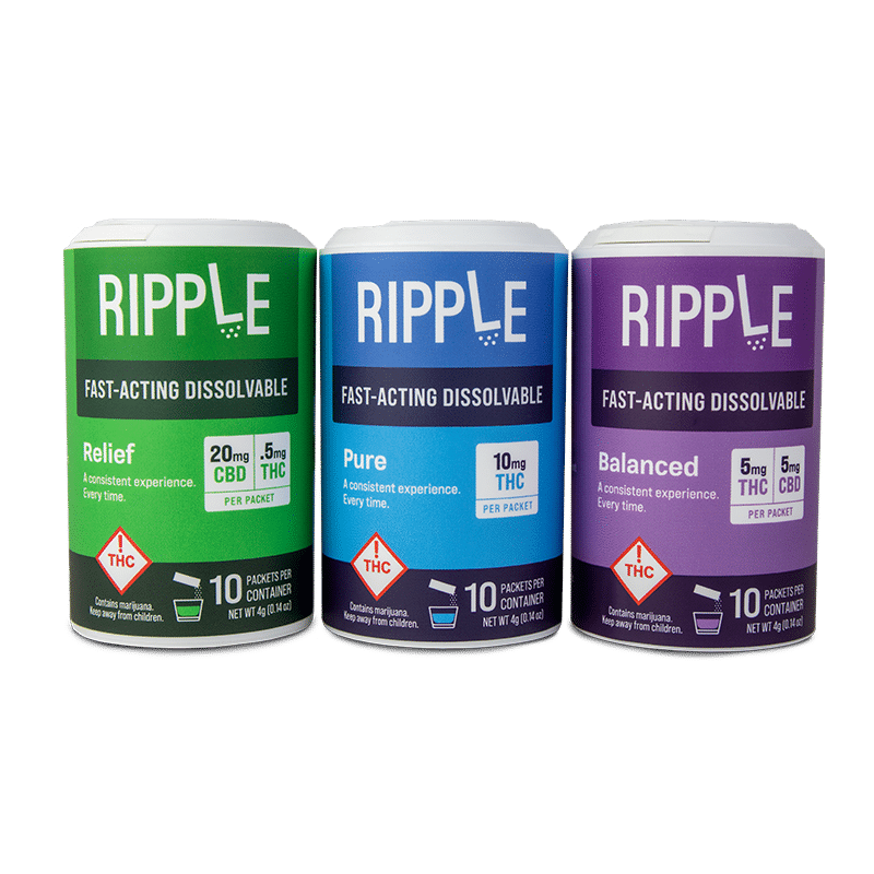 Ripple products: Relief high-CBD with a green label; Pure THC-only with a blue label; and Balanced 1:1 ratio with a purple label