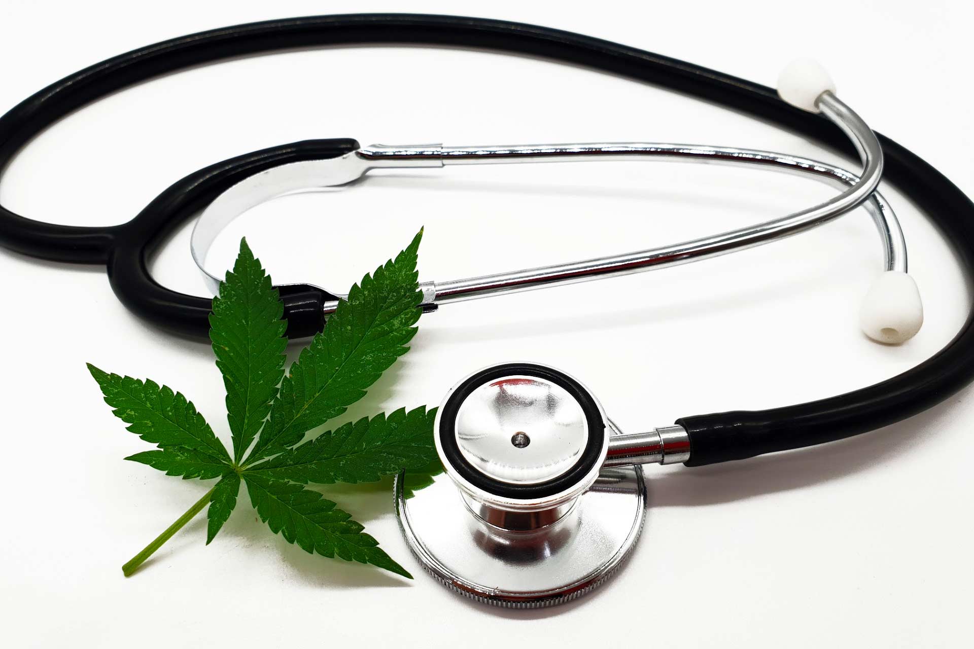 Stethoscope with cannabis leaf, showing connection between health and access to safe legal cannabis.