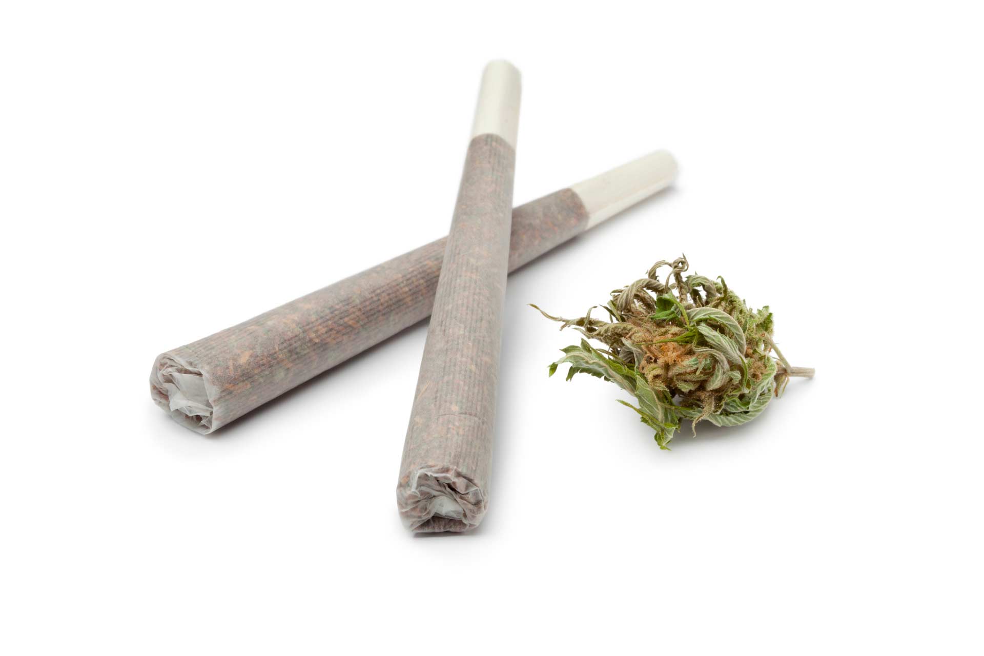 Cannabis pre-roll joints and cannabis flower on a white background.