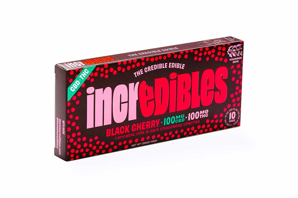 Incredibles Black Cherry cannabis-infused chocolate bar packaging