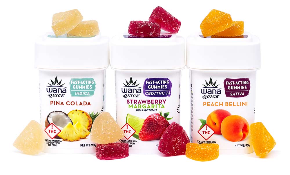 Wana Fast-Acting Gummies bottles showing three available flavors.