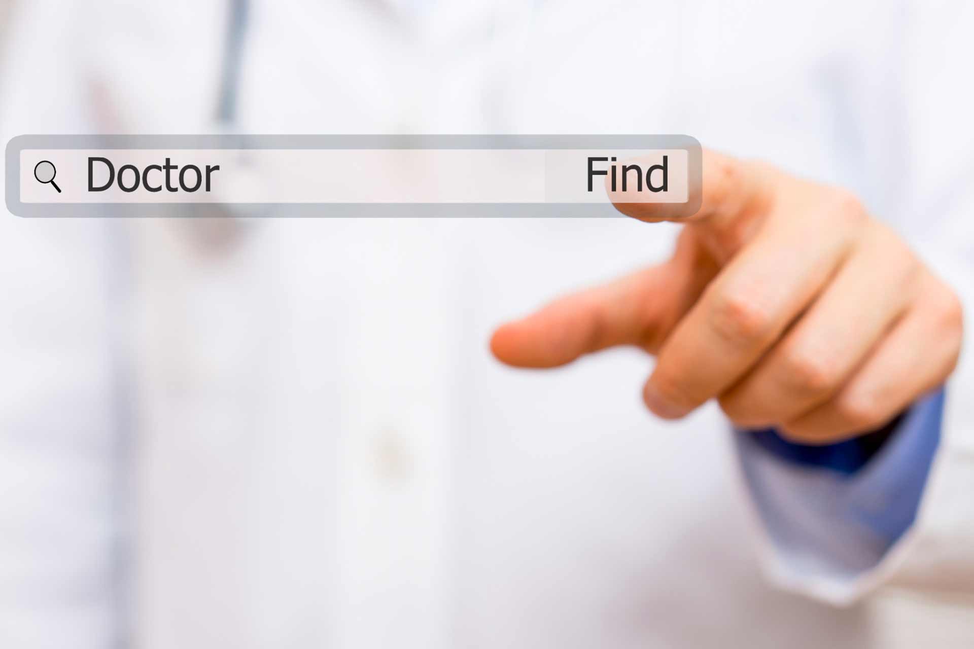Screen with the words ‘Doctor’ and ‘Find’ with doctor in background.