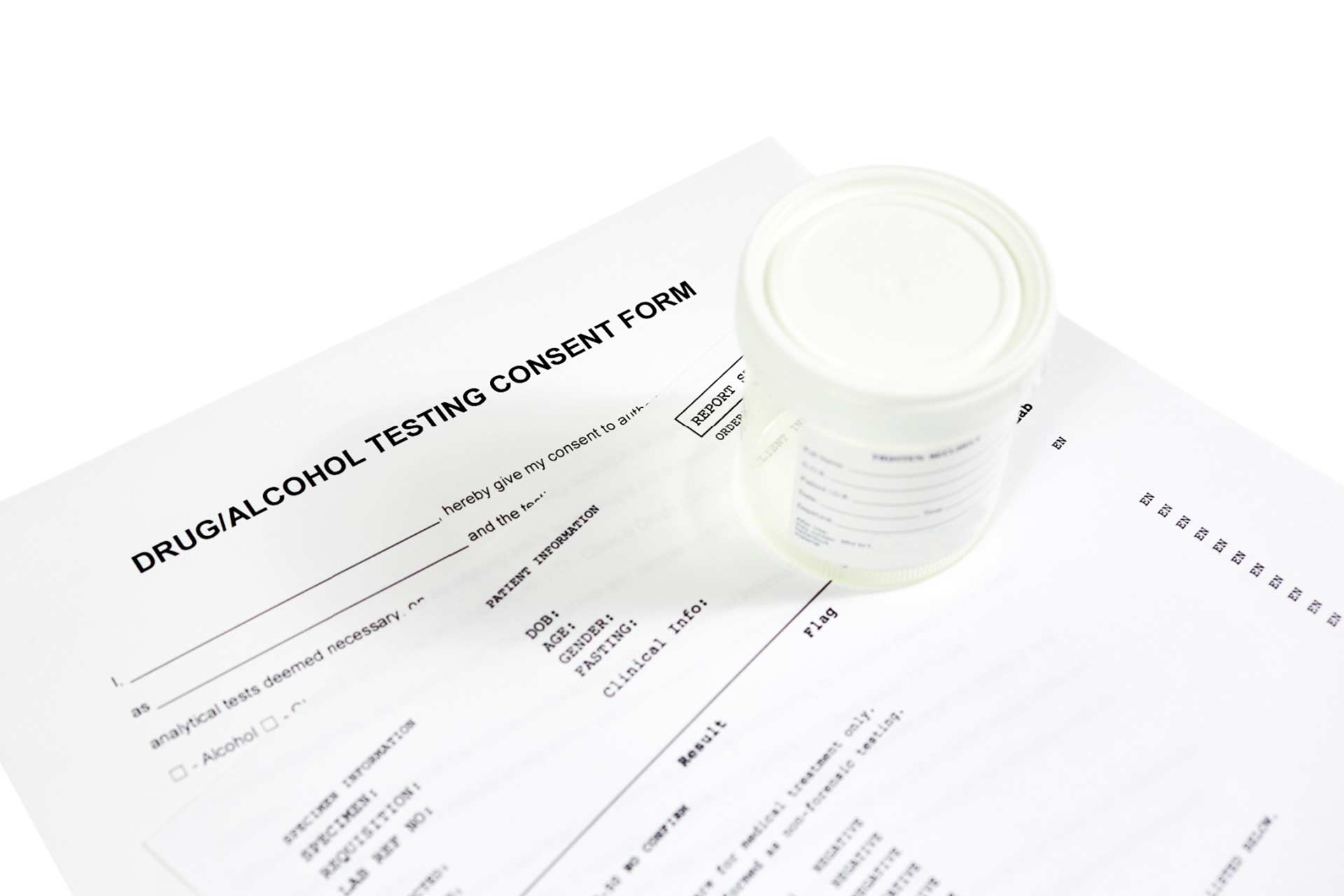 Workplace drug/alcohol testing consent form and urine specimen cup