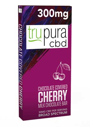 trupura CBD Chocolate Covered Cherry Milk Chocolate Bar package showing 30 mg CBD per 1-piece serving, and a total of 300 mg CBD per bar