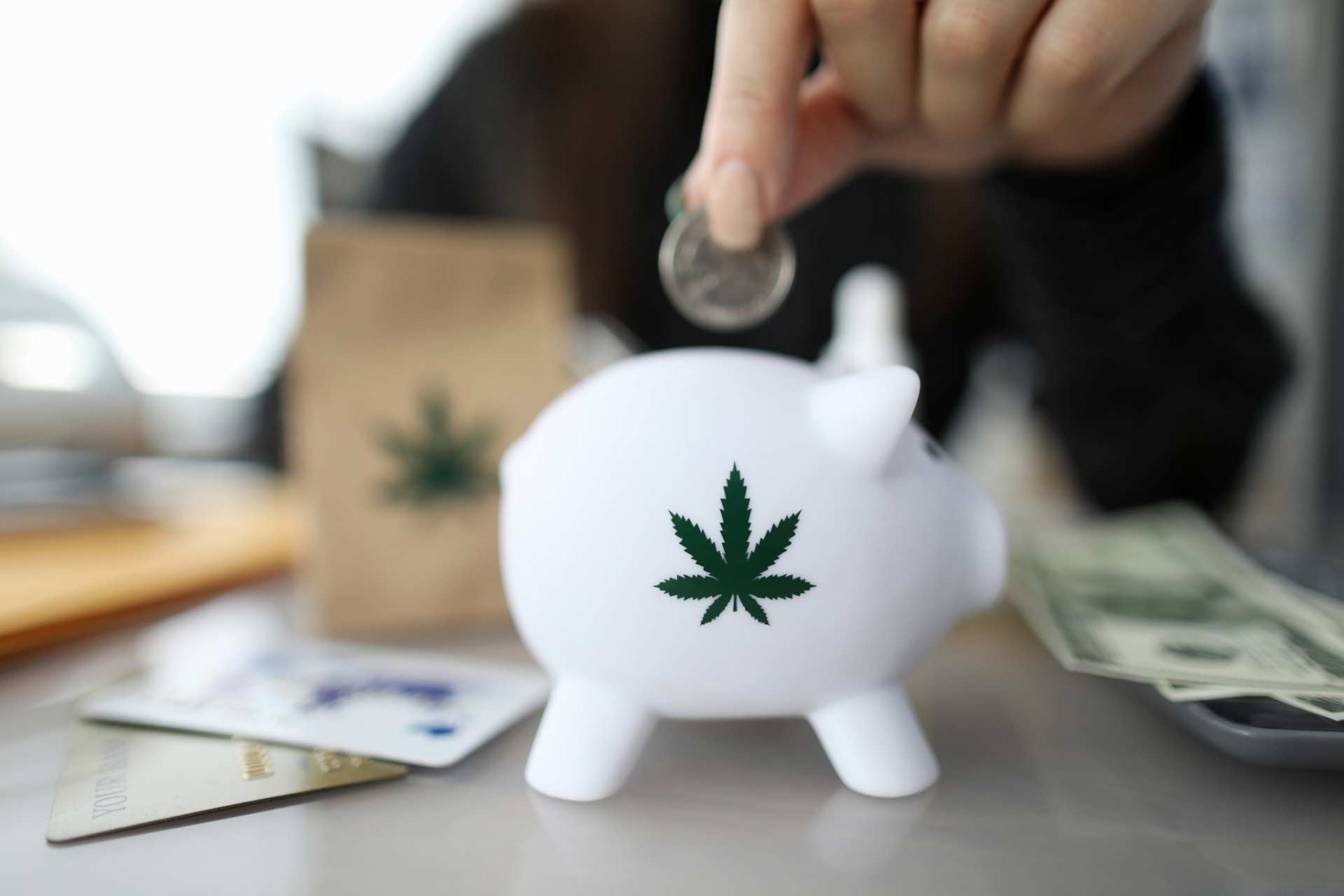 Hand putting quarter in piggy bank with cannabis symbol, after saving money on cannabis
