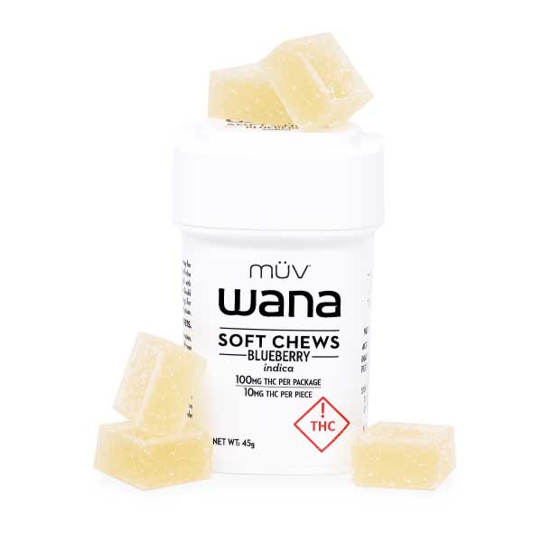 Wana Blueberry soft chews sold in Florida, showing the gummies are colorless and the packaging is all white with no images or logos.