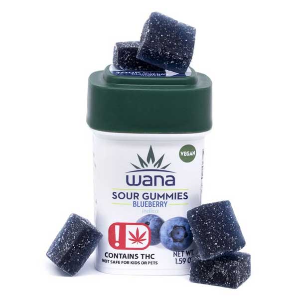 Wana Blueberry Sour Gummies sold in Oklahoma, showing the gummies are dark blue and the packaging includes colors, photos and logos.