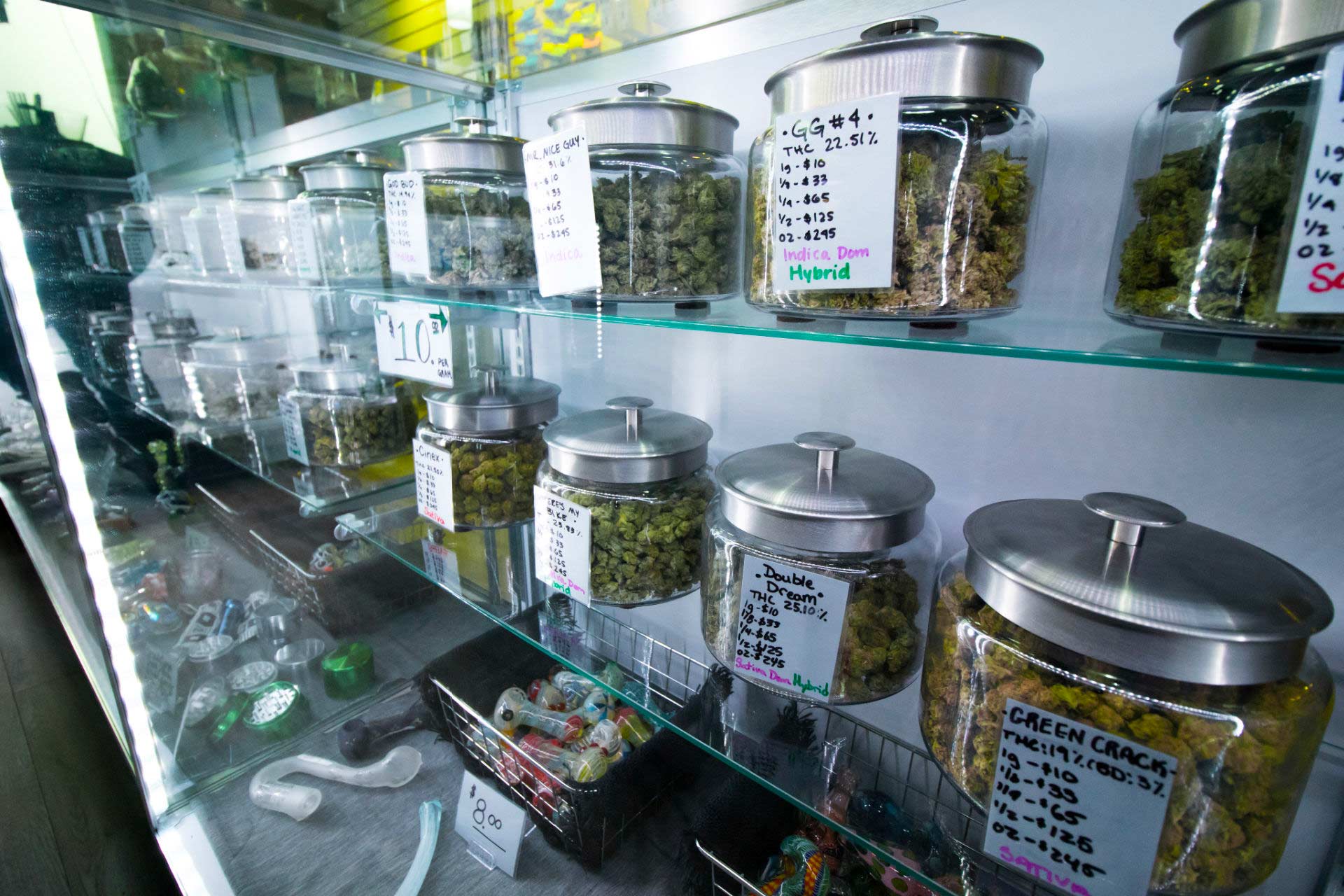 Cannabis dispensary shelf showing different legal cannabis options.