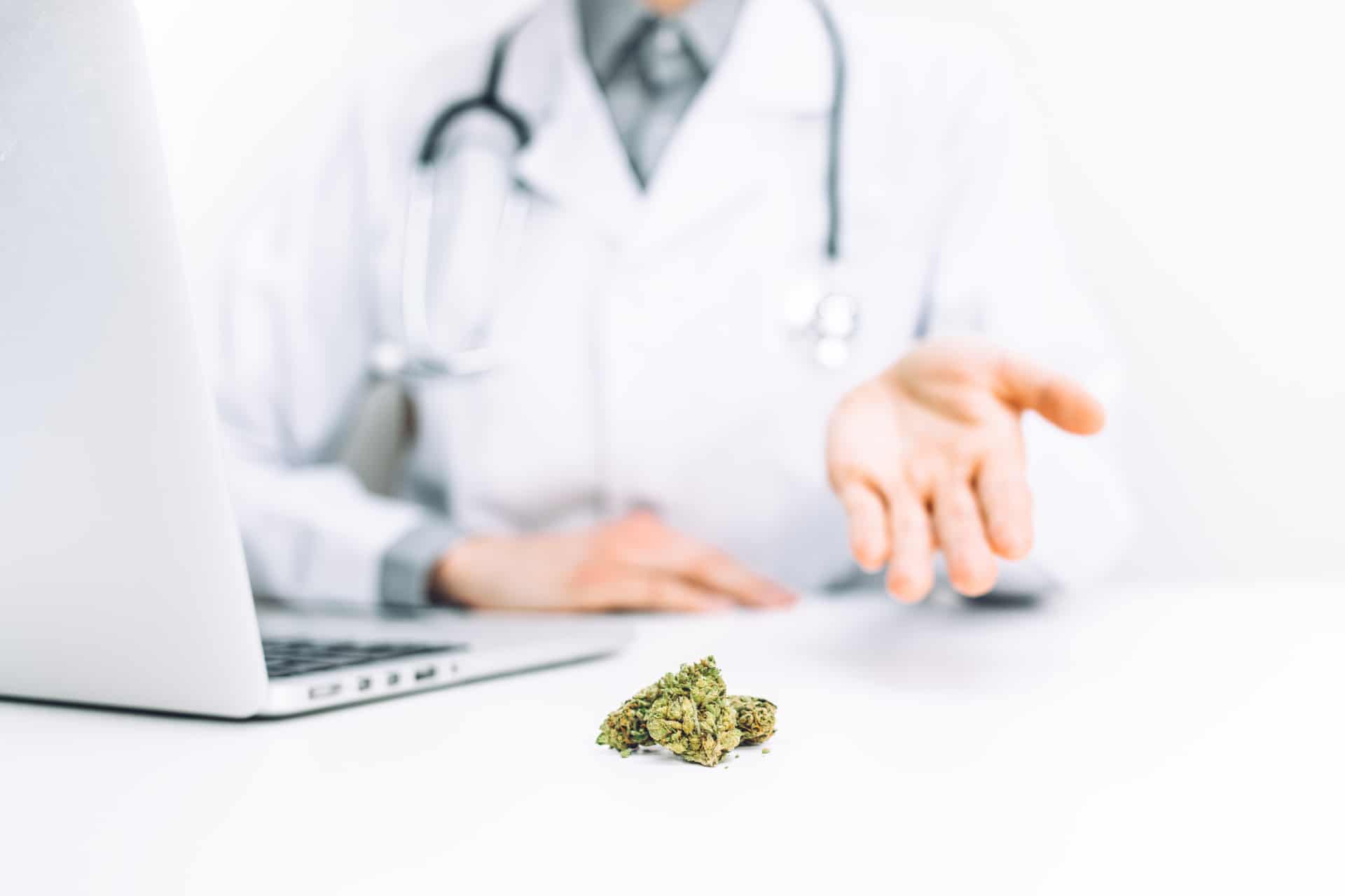 Physician in background pointing to cannabis flower in foreground as a recommendation for pain.