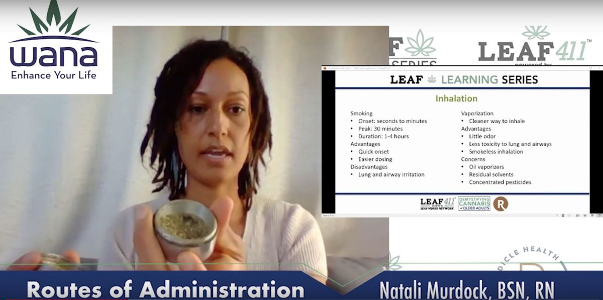 Screenshot from previous Leaf Learning Series, where nurse Natali Murdock, BSN, RN, explains how to use cannabis flower as medicine.
