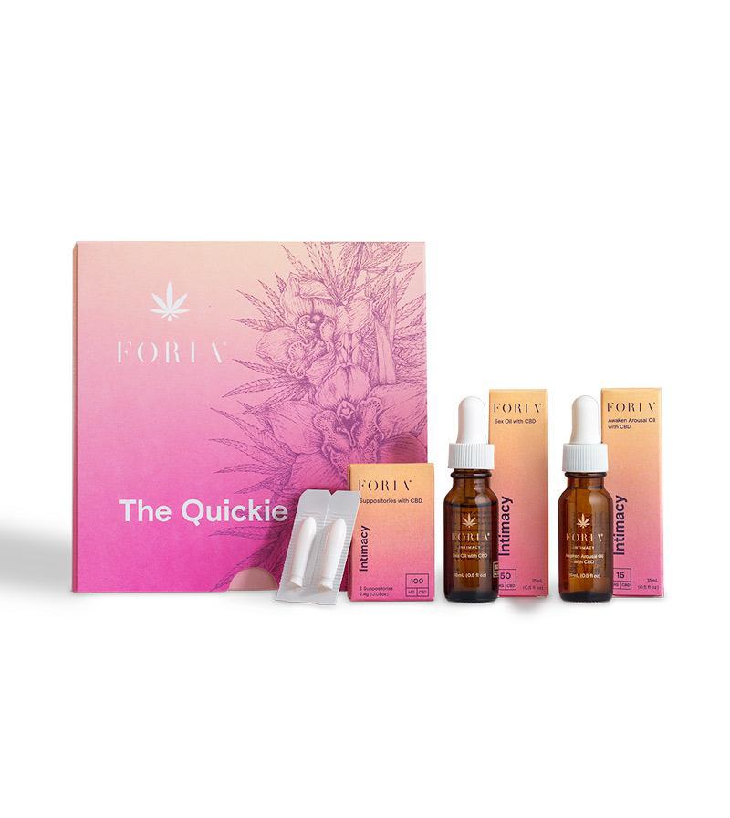 Foria Wellness The Quickie gift set showing Awaken Arousal Oil, Sex Oil and Intimacy Suppositories.