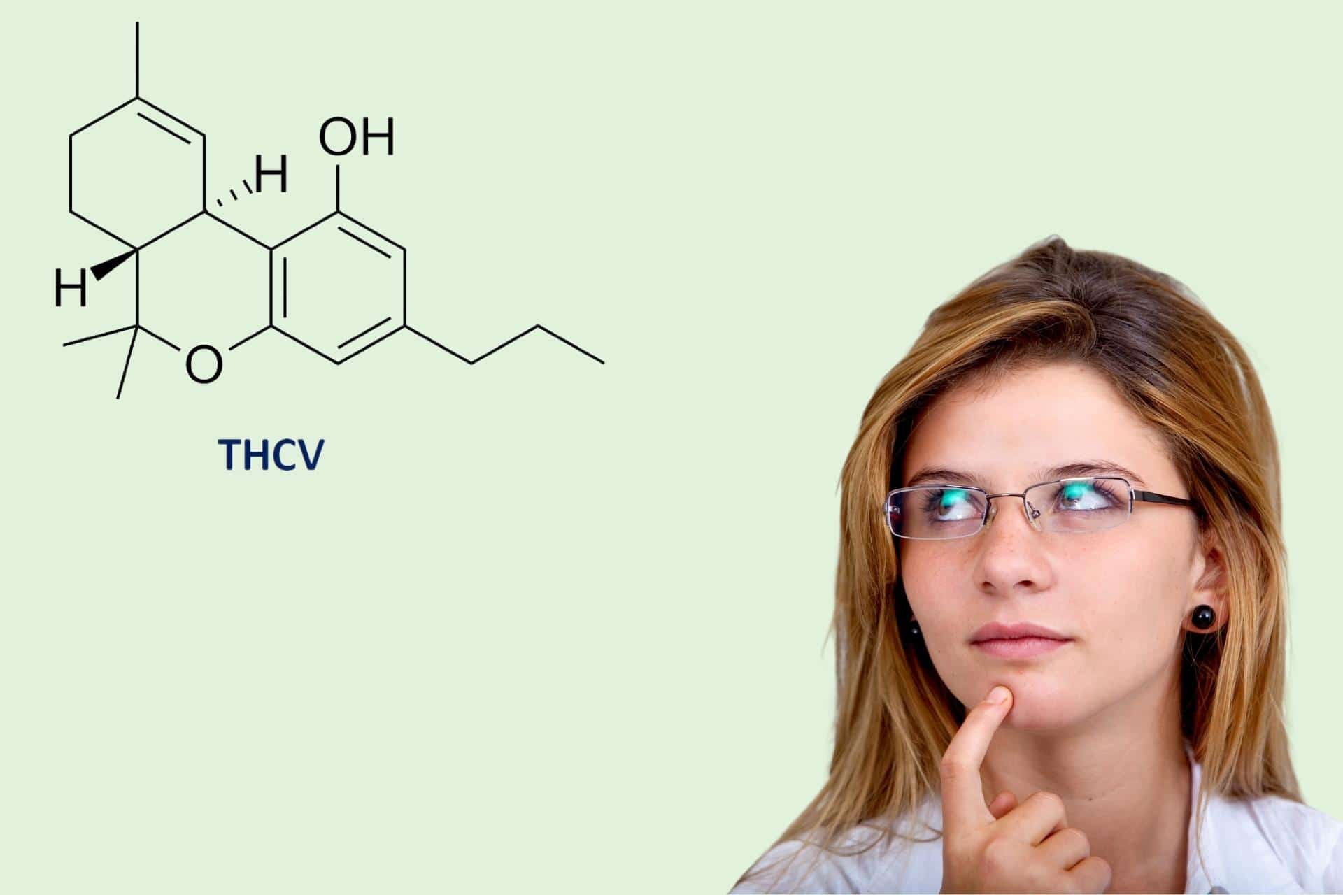Person in glasses with wondering expression looking at THCV molecular diagram