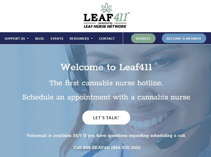 Leaf411 cannabis nurse hotline homepage screenshot with “Let’s Talk” button.