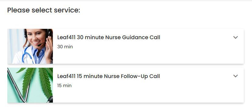 Leaf411 screenshot showing two different appointment options for a 30-minute guidance call or a 15-minute followup call.