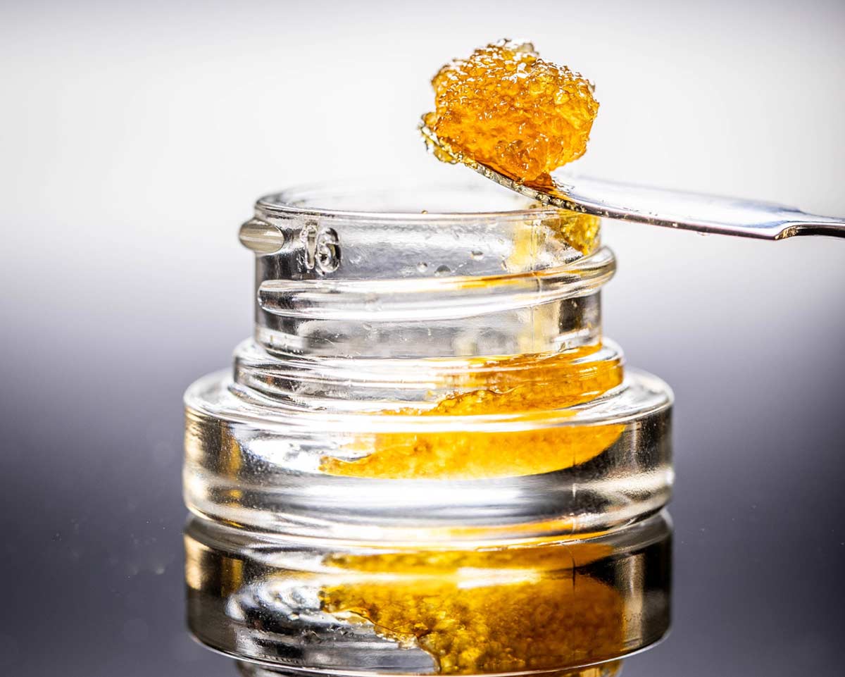 Cannabis sugar extract on a dab tool, being lifted out of a clear glass jar. Sugar is one type of cannabis concentrate made by extracting and concentrating plant compounds including THC.